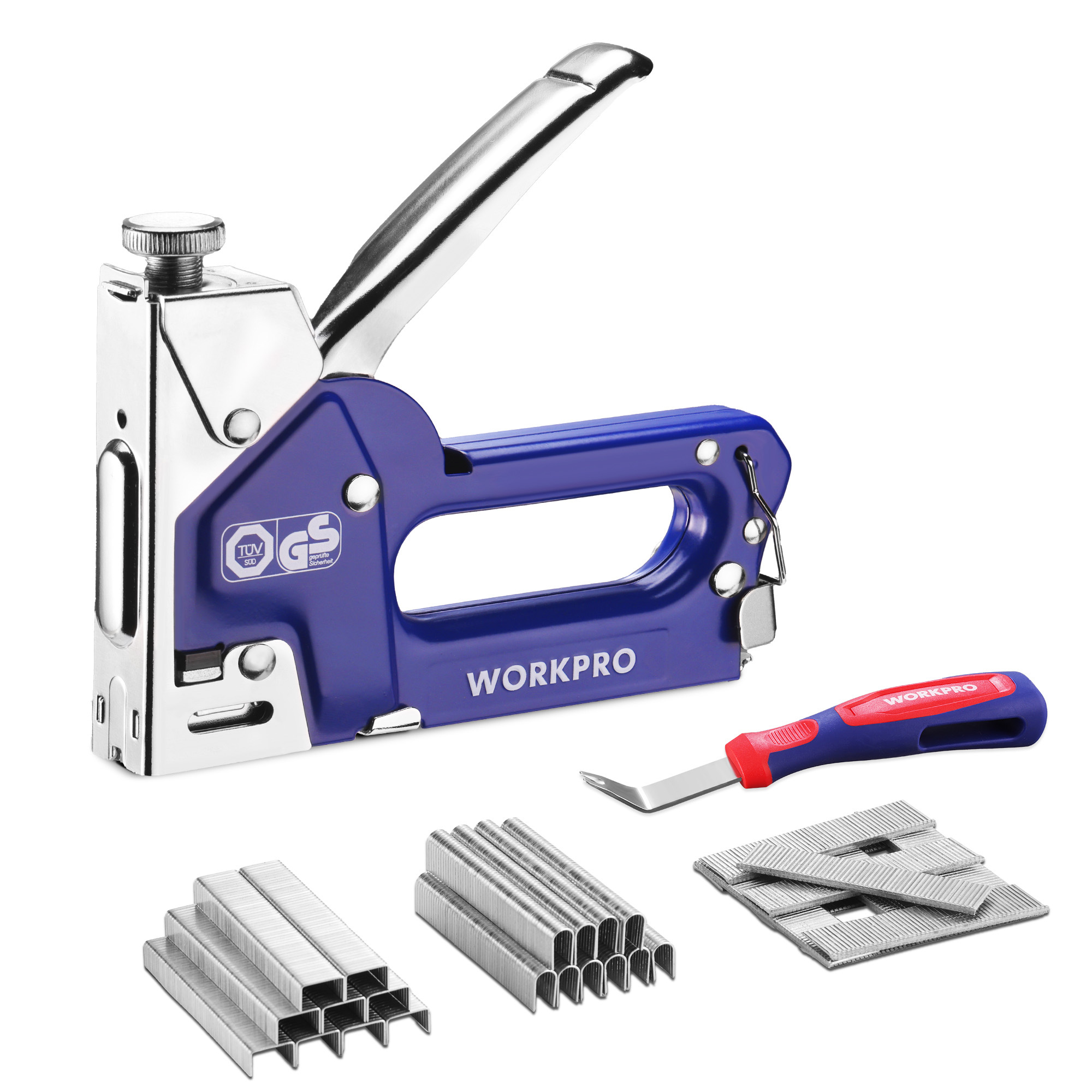 Image of Workpro 3-in-1 Hand For Wood - Wood With Adjustable Stroke Depth, 1500 . Staple Remover - Gun For Furniture, Fabric, Roofing Felt