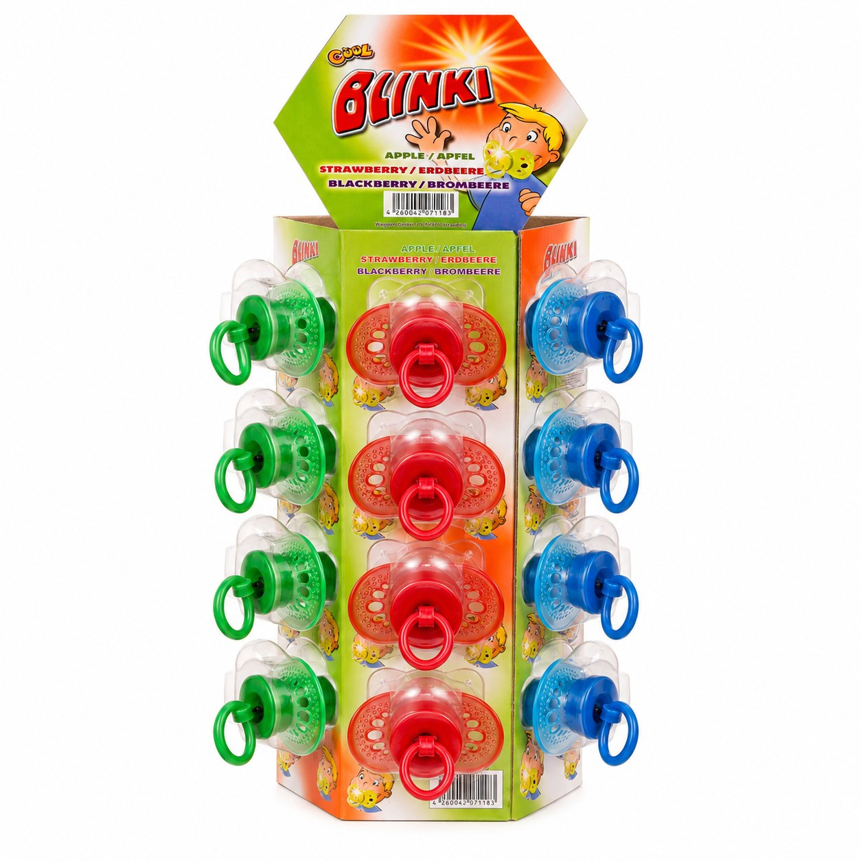 Image of Cool Blinki Tower - 24 Blinking Pacifiers In The Paper Tower, Sweet Pacifier Lollipops, 24 X 15 G