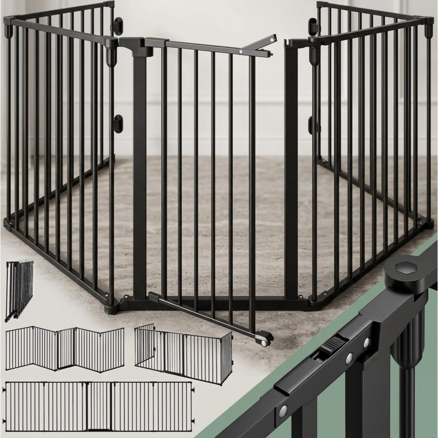Fireplace Safety Gate For Babies With Security Door, Metal, No-drill, 306x76cm, Pet Gate, Child Safety Gate, , Barrier Gate