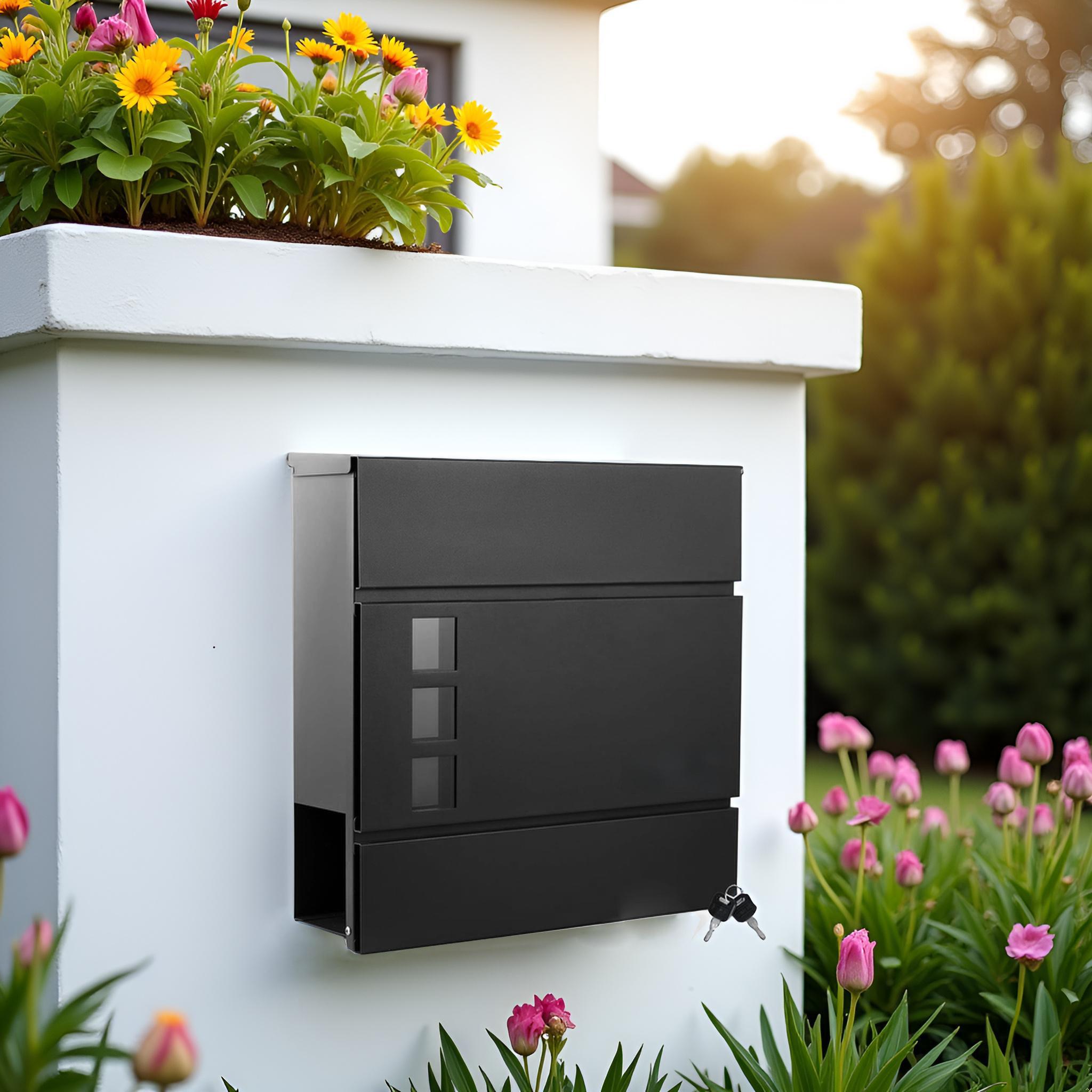 Image of Wall-mounted Mailbox With Newspaper Compartment, Lockable, Weatherproof, Includes 2 Keys, Black (10 X 31 X 33 Cm)