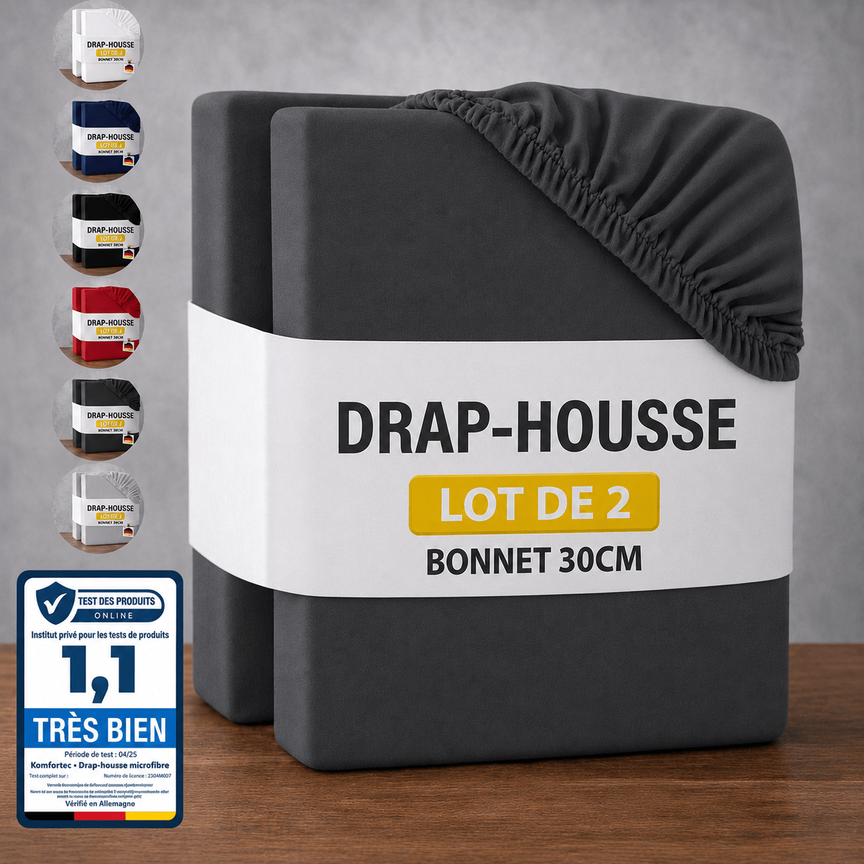 photo de l'article lot de 2 draps-housses extensibles en 100% microfibre (90 g/m²) avec élastique intégral en caoutchouc