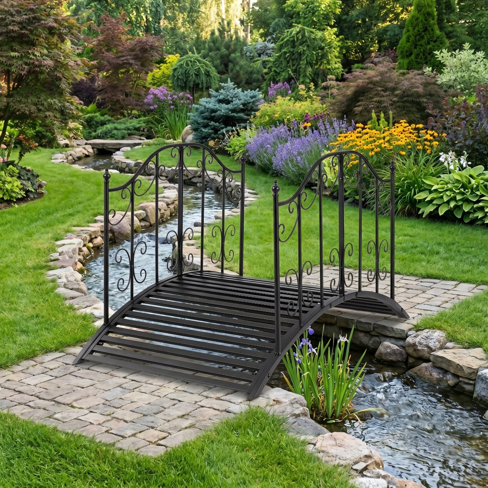 Image of 3.9 Ft Garden Metal Bridge, Outdoor With Dual Patterned Side Rails, 330 Lbs Capacity, Decorative Landscape Bridge For Backyard, Lawn, Pond And Gravel Path, Black