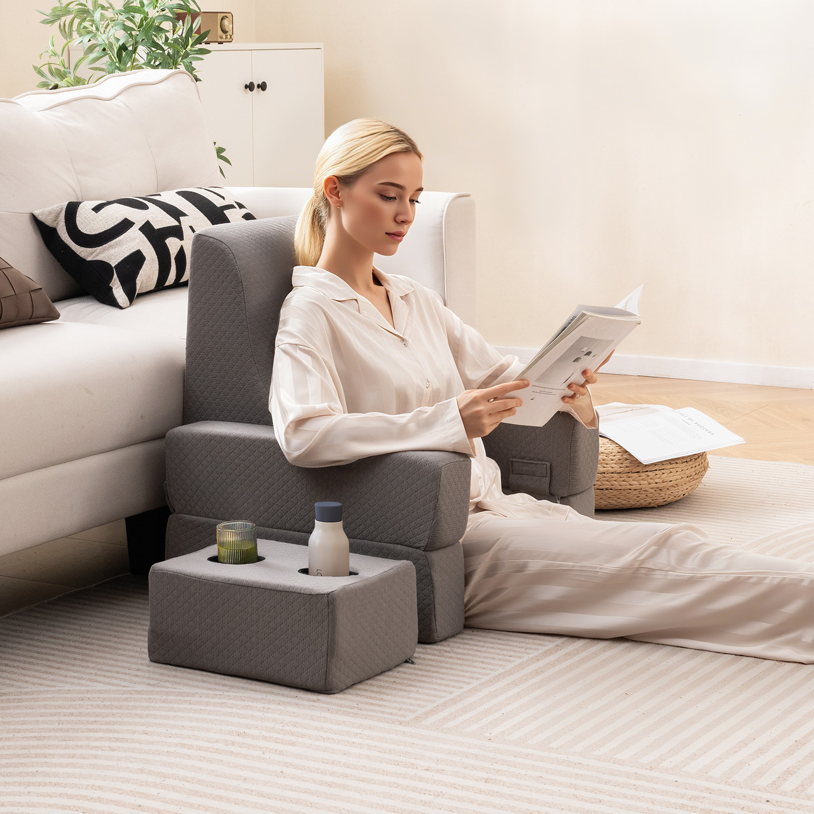 3-piece Reading Pillow Set, Extra Large Lap Desk With Coaster, Back Cushion & Storage Pocket, Ergonomic Wedge Pillow With Arm Rest For Bed Couch Floor Sitting Up Gaming Reading, Gray