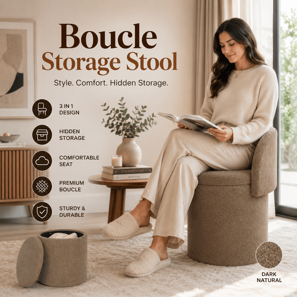 TEMU 3 In 1 Ottoman Storage Stool Soft Teddy Chair With Hidden Storage Seat For Home Organisation