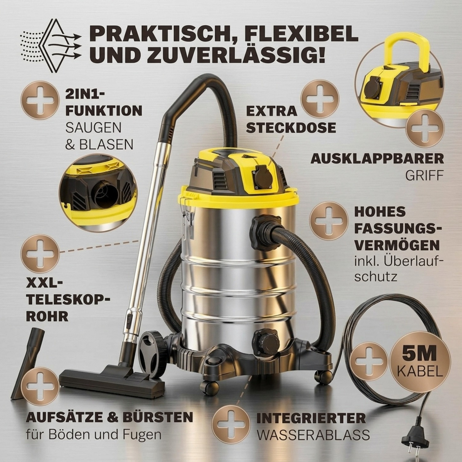 Image of Wet Vacuum Cleaner 30l 2200w + Socket Gs-certified 9m Movement Cleaner Stainless Steel Wet Vacuum Cleaner Washer Vacuum Blower Function