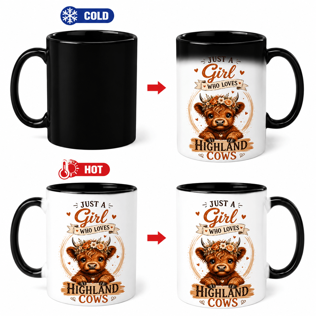 TEMU Changing Coffee Mug Who Highland Cows Heat Sensitive Ceramic Tea Cup Cute Floral Farm Animal Design Novelty Heat Reveal Mug For Women Girls