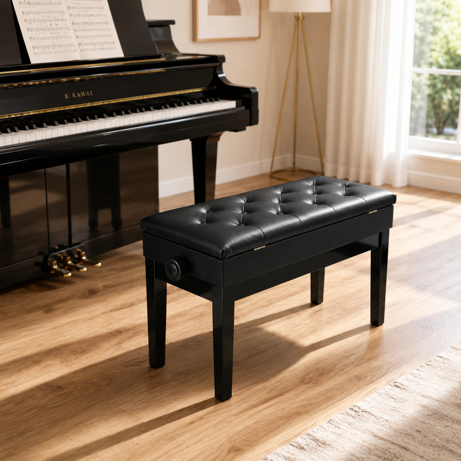 Height-adjustable Piano Bench With Pu Leather Seat And Storage Compartment