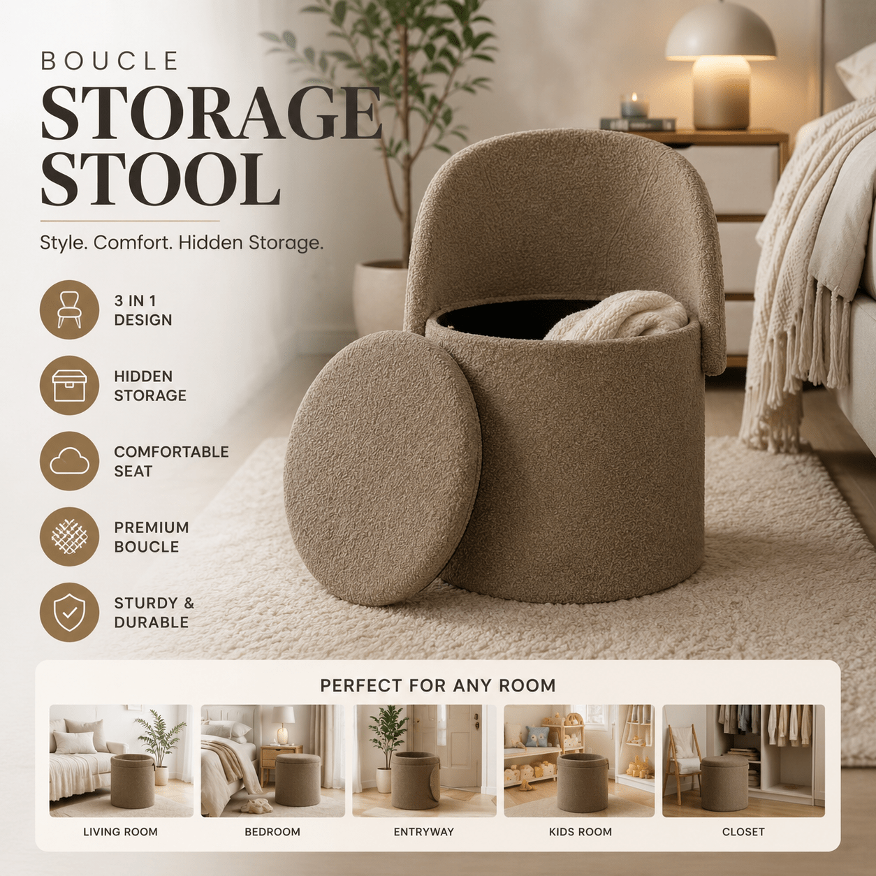 TEMU 3 In 1 Storage Ottoman Stool Boucle Round Footstool With Hidden Compartment