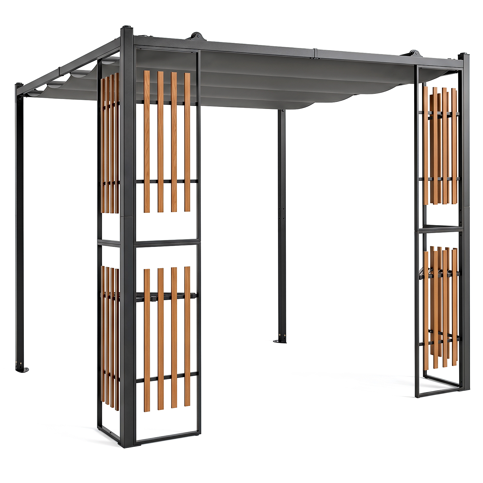 Image of Outdoor Pergola, Patio Gazebo With 4 Privacy Screens, 2 Shelves, Retractable Canopy, Metal Frame, 8 Ground Stakes