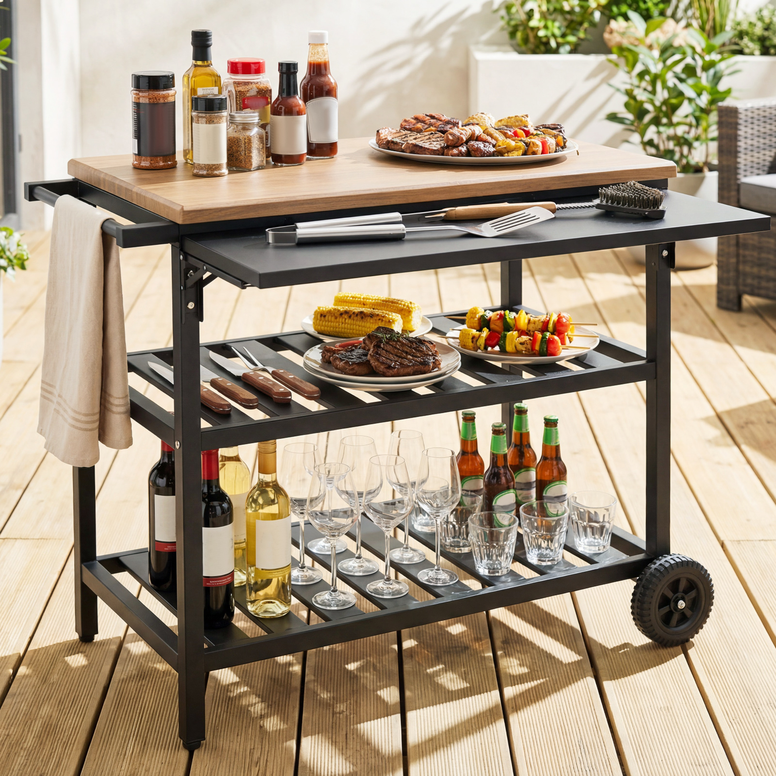 Image of Outdoor Grill Dining Cart, Movable Food Prep Table With Korean Bbq Charcoal Grill, 2 Storage Shelves, Grill Table On Wheels For Patio Backyard Cooking