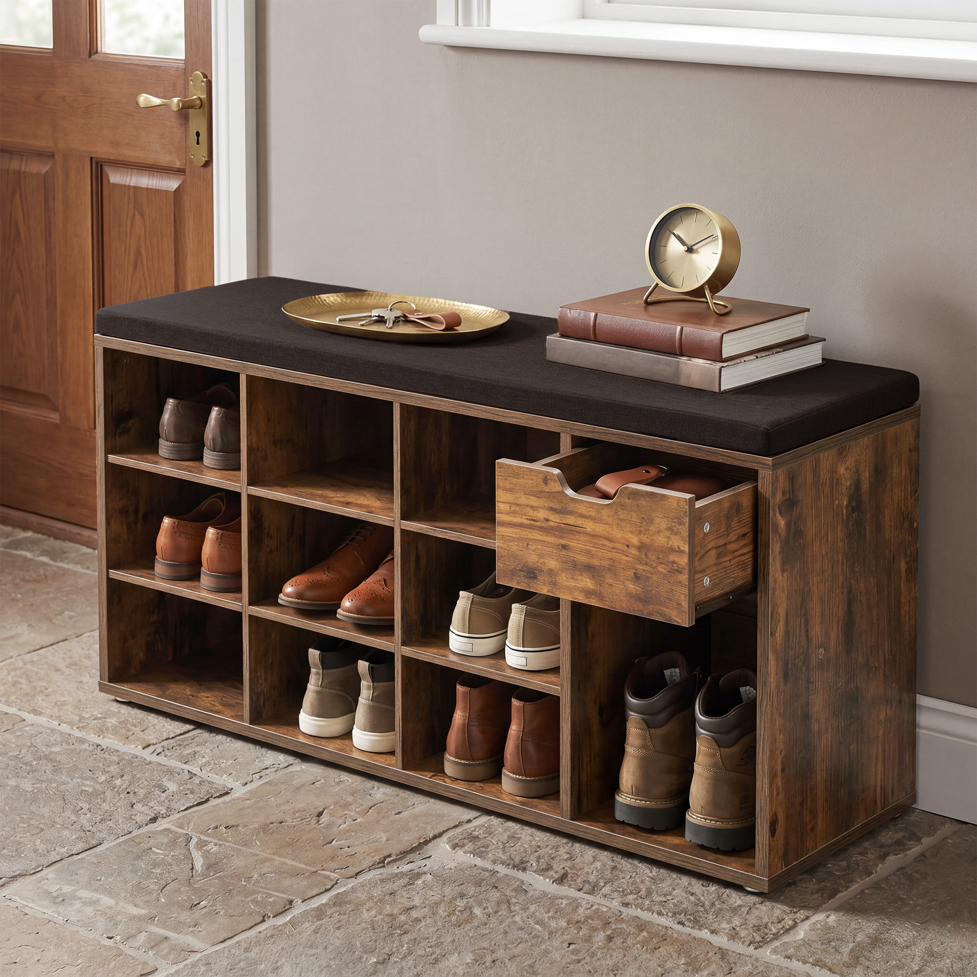 TEMU Banc à Chaussures, Banc de Rangement, avec Tiroir et Compartiments, Couloir, Entrée, Chambre, Marron