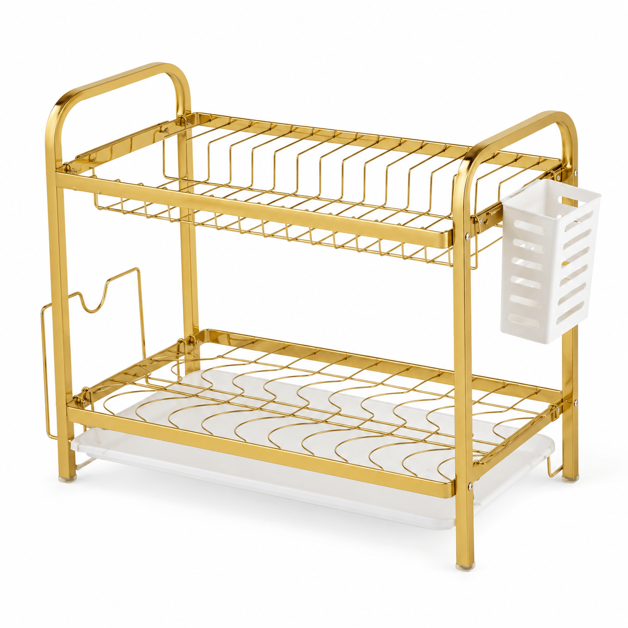 TEMU 2-tier Dish Drying Rack With Utensil Holder And Drain Tray, Gold Kitchen Counter Organizer For Plates, Bowls, Cups & Cutlery, Rust Resistant