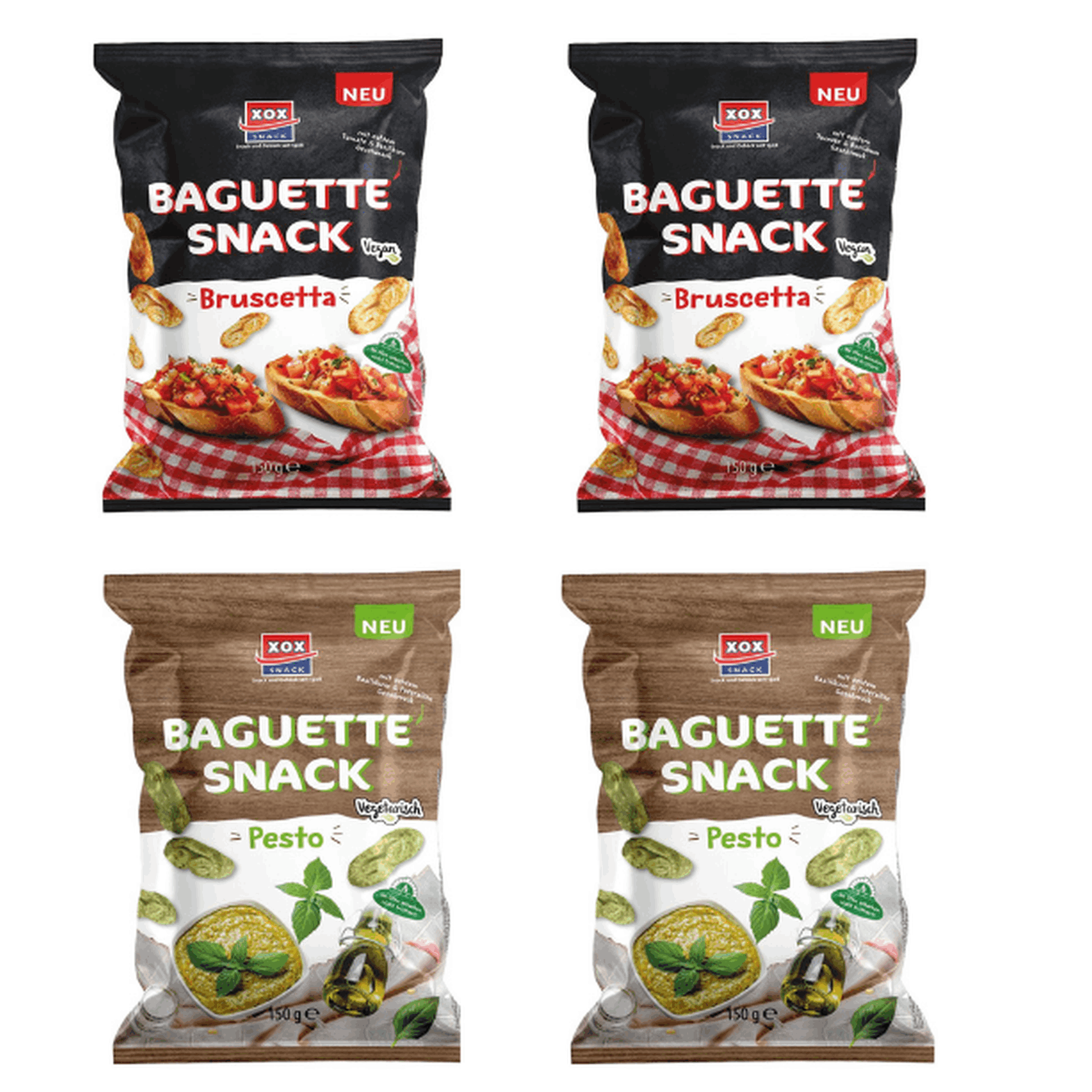 Image of Xox Baguette Snack 4pcs Set, 4 X 150 G - 2 X Pesto And 2 X Bruschetta - Crispy Bread Snack, Vegetarian Varieties, Snack Mix For Party And On-the-go