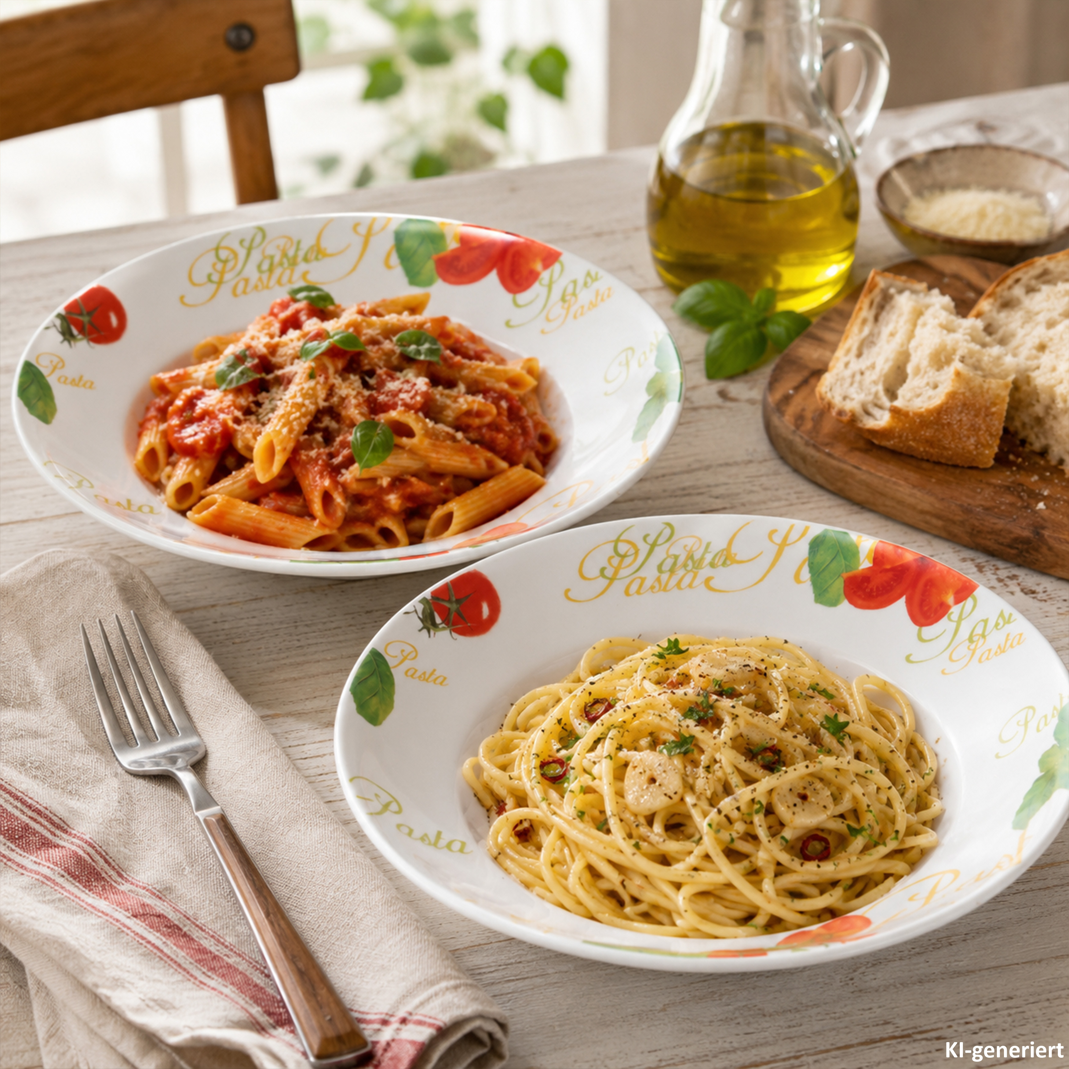 Image of 2-piece Set Tomate Pasta Plates With Tomato & Lettering Decor, Deep Porcelain Plates For Pasta, Salad, Soups, Antipasti, Lunch & Italian Table Settings