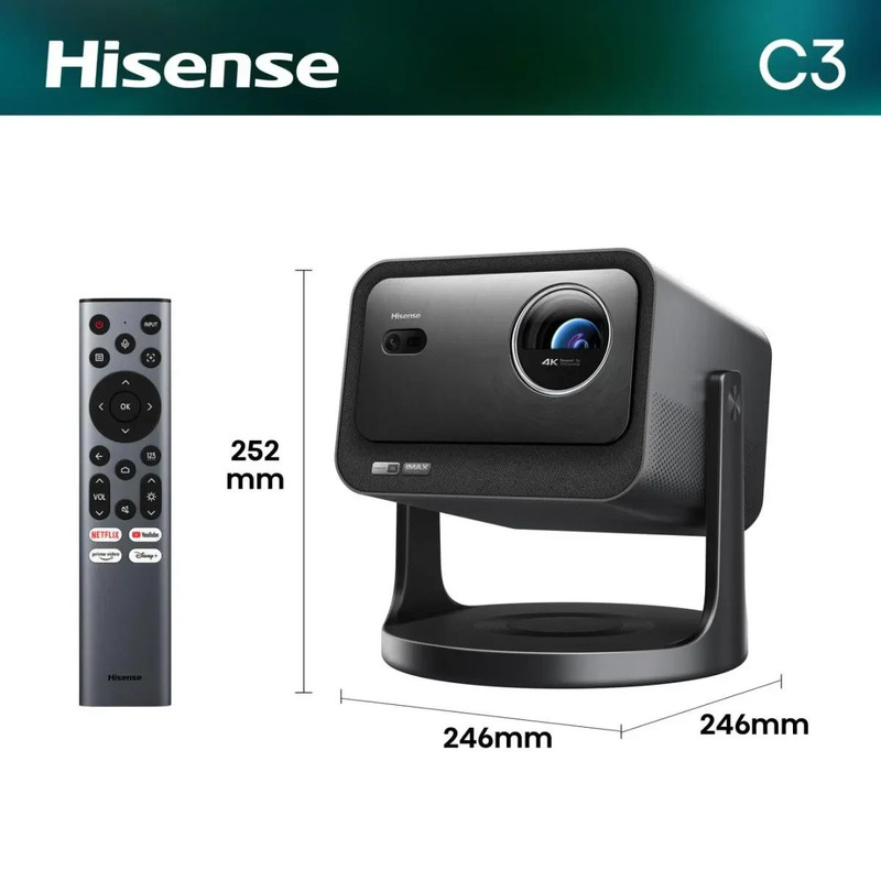 Image of Hisense Laser Mini Projector C3, 65"-300" Projection Size, 4k, , Optical Zoom 1.0-1.3:1, Pure Tri-, 2500 Brightness, Vision, 3d, 240hz, Gimbal Design