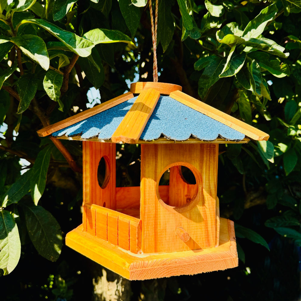 Hexagon Wooden Hanging Bird Feeder House, Brown/blue