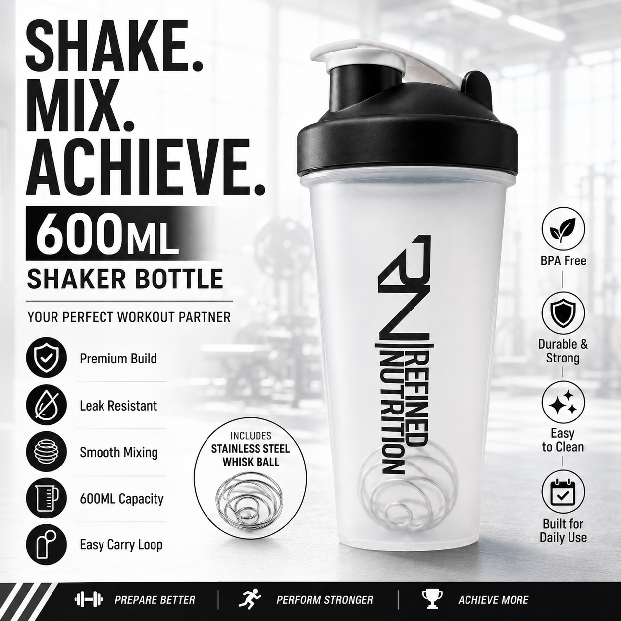 TEMU 600ml Protein Shaker Bottle With Stainless Steel Whisk Ball, Leak Resistant Gym Shaker Cup, Bpa Free Mixing Bottle For Protein Shakes White