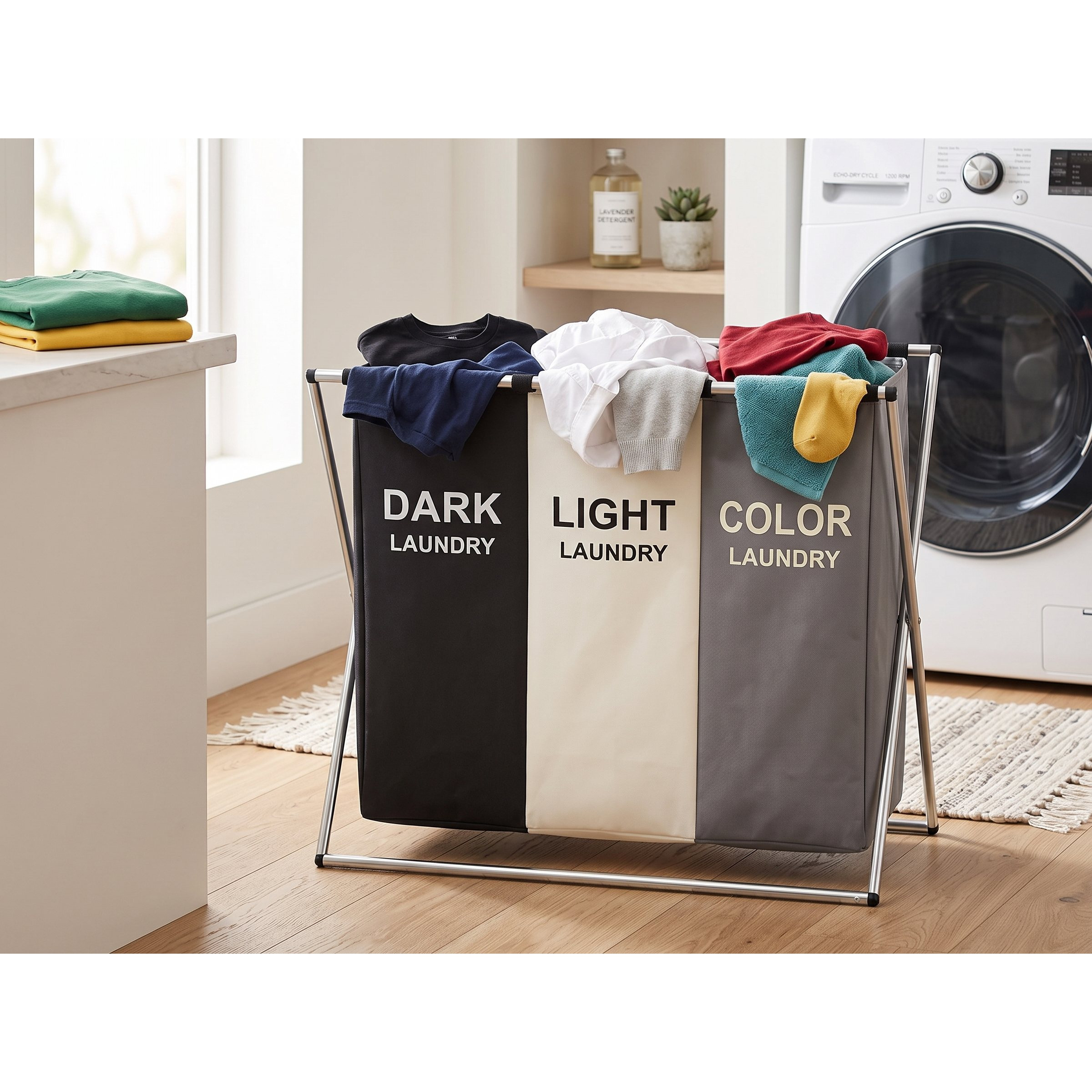 TEMU Triple Laundry Basket With 3 Compartments, Foldable Aluminum Frame, Large Capacity Laundry Bag For Separating Dark, Light, And Colored Clothes –
