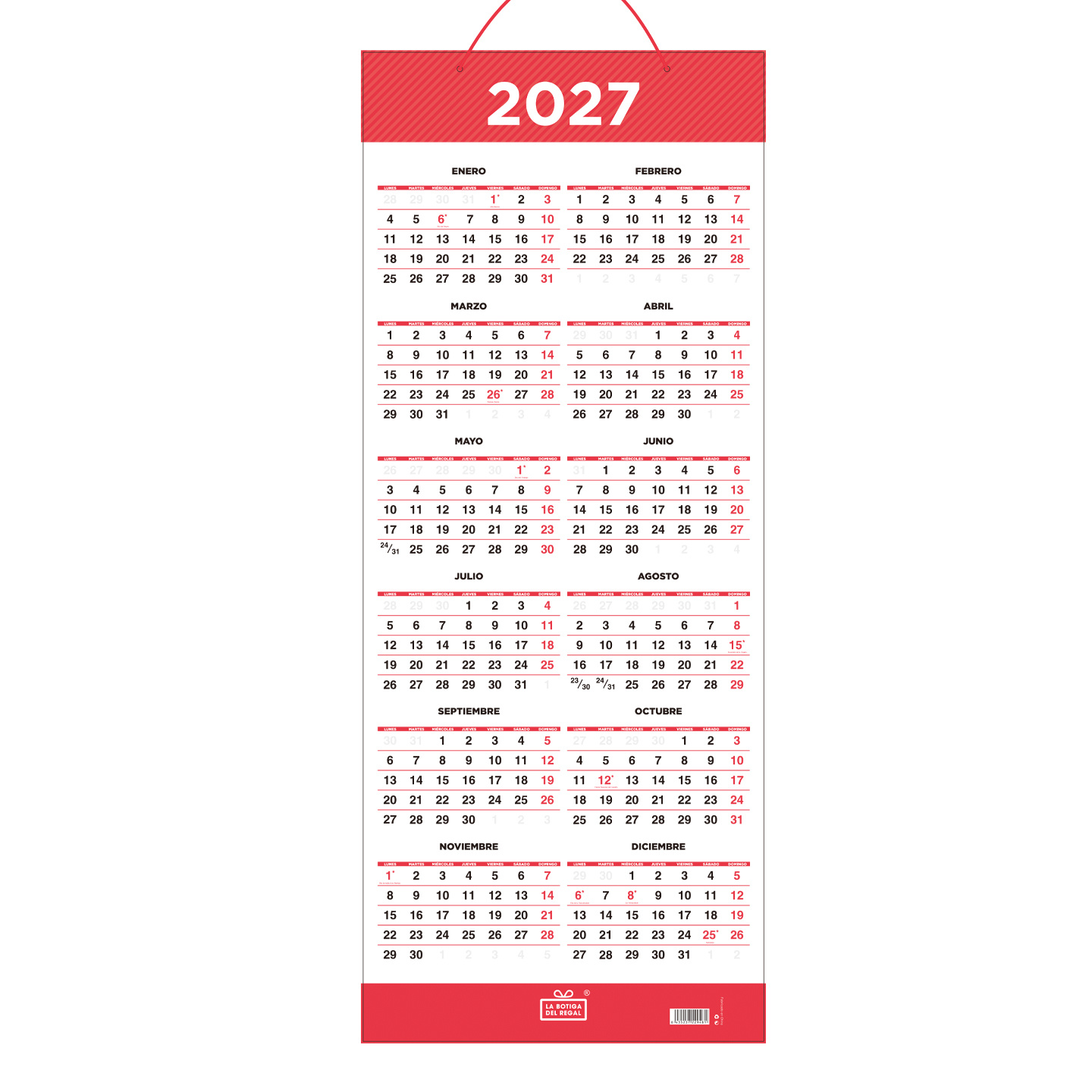 TEMU Calendario de pared 2027, tamaño 29×71,6 cm, en paquete de 2 unidades, calendario para colgar