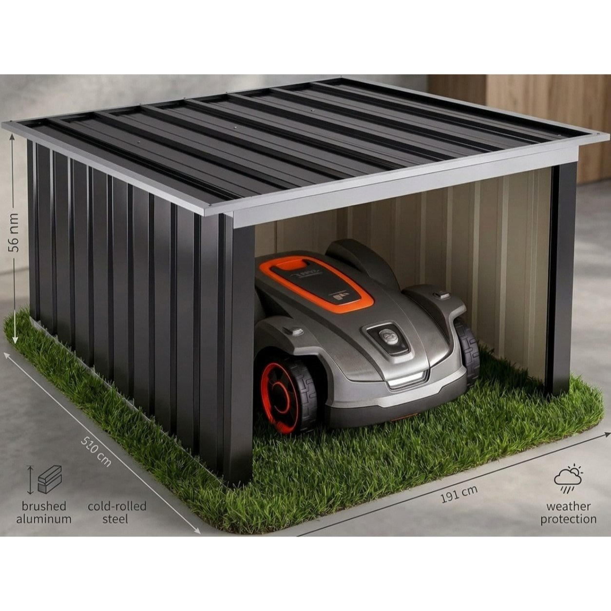 Robotic Lawn Mower Garage With Flat Metal Roof, 89x90x54cm, Foldable Roof, 4x Ground Anchors, Carport For Lawn