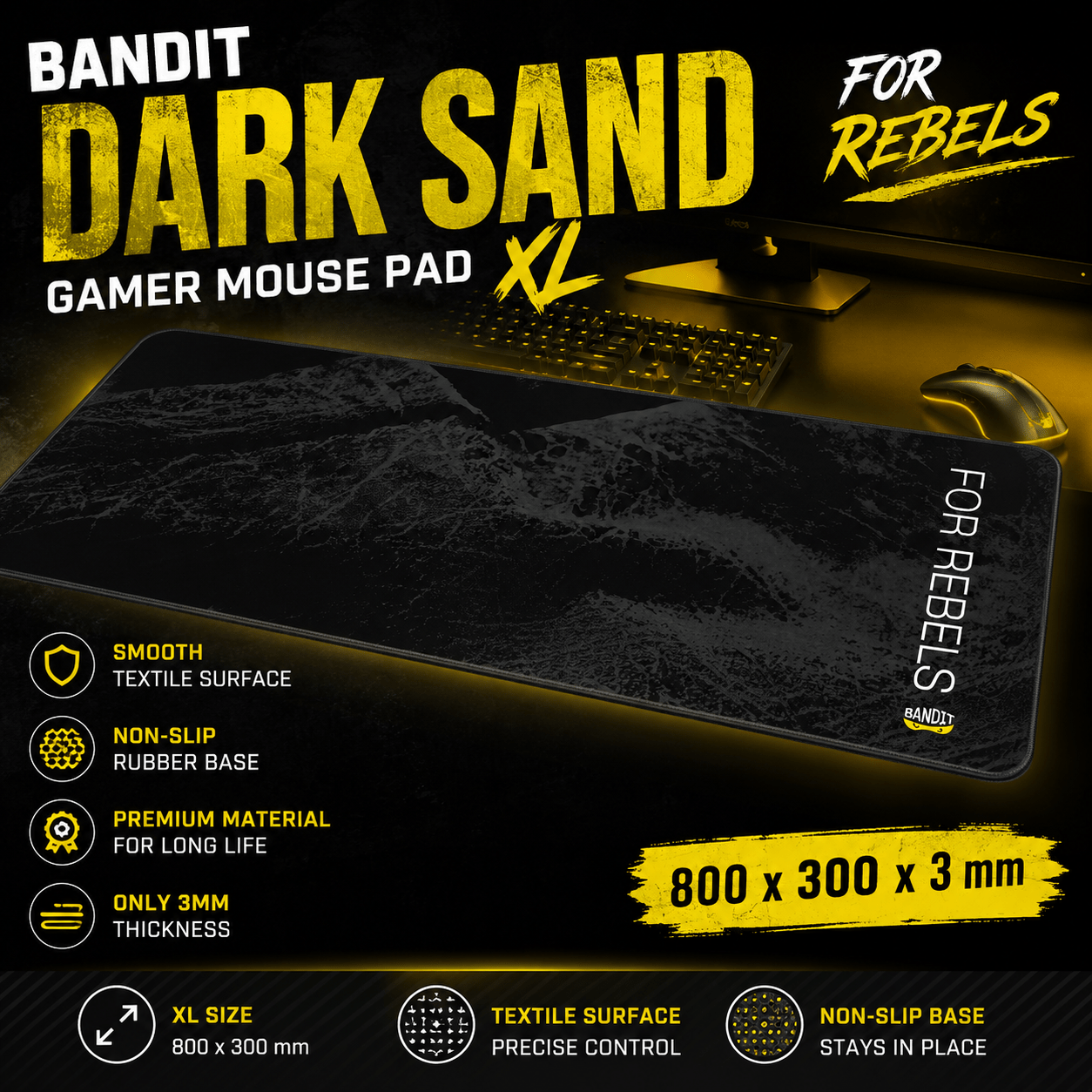 TEMU Large Size Xl Gaming Mouse Pad, Desk Mat For Keyboard And Mouse, "dark Sand" , Smooth "speed" Surface, Gaming, Stitched Edges, Non-slip Rubber