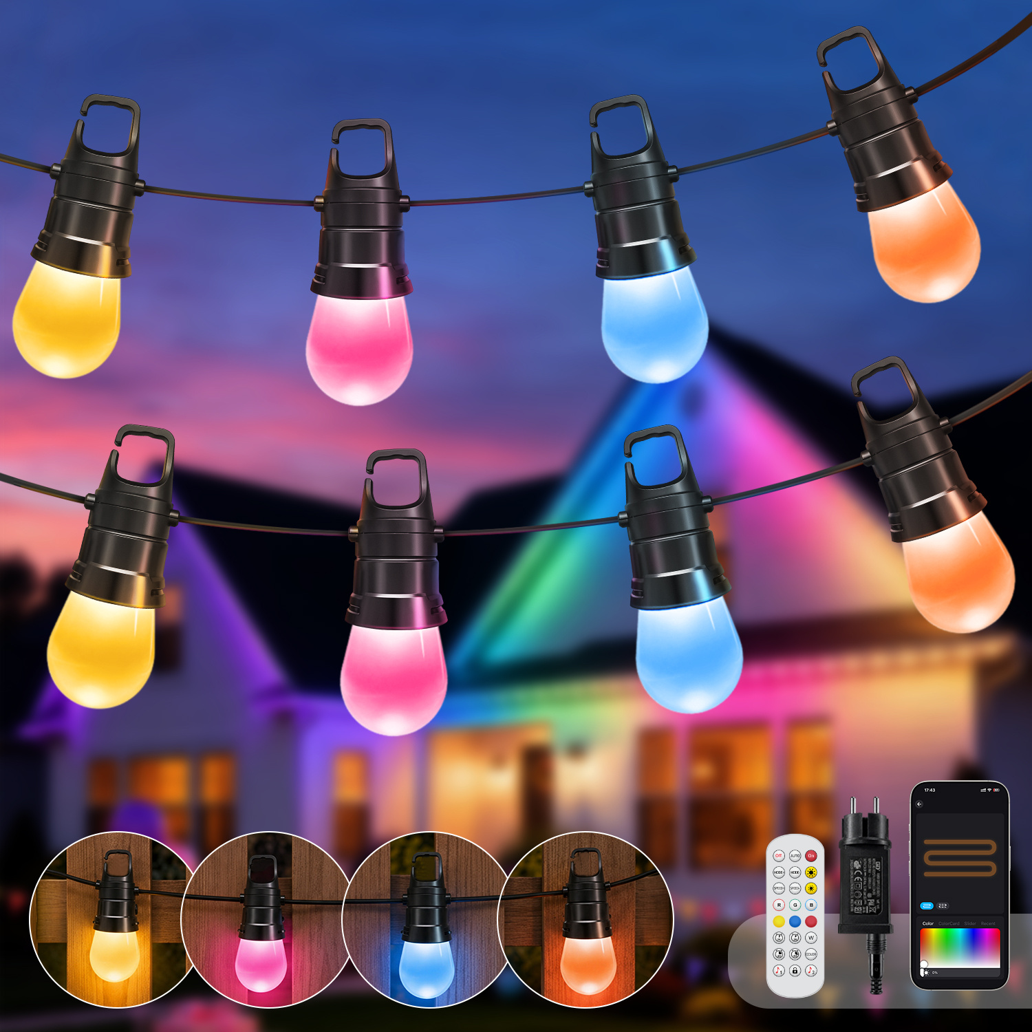 Image of S14 Rgbic Led Fairy Outdoor String Light With App & Remote Control, 16 Million Colors And Bightness Change, Diy Color And Multi Sets Connection, And Timer Function For Holiday, Party, Camping, Wedding