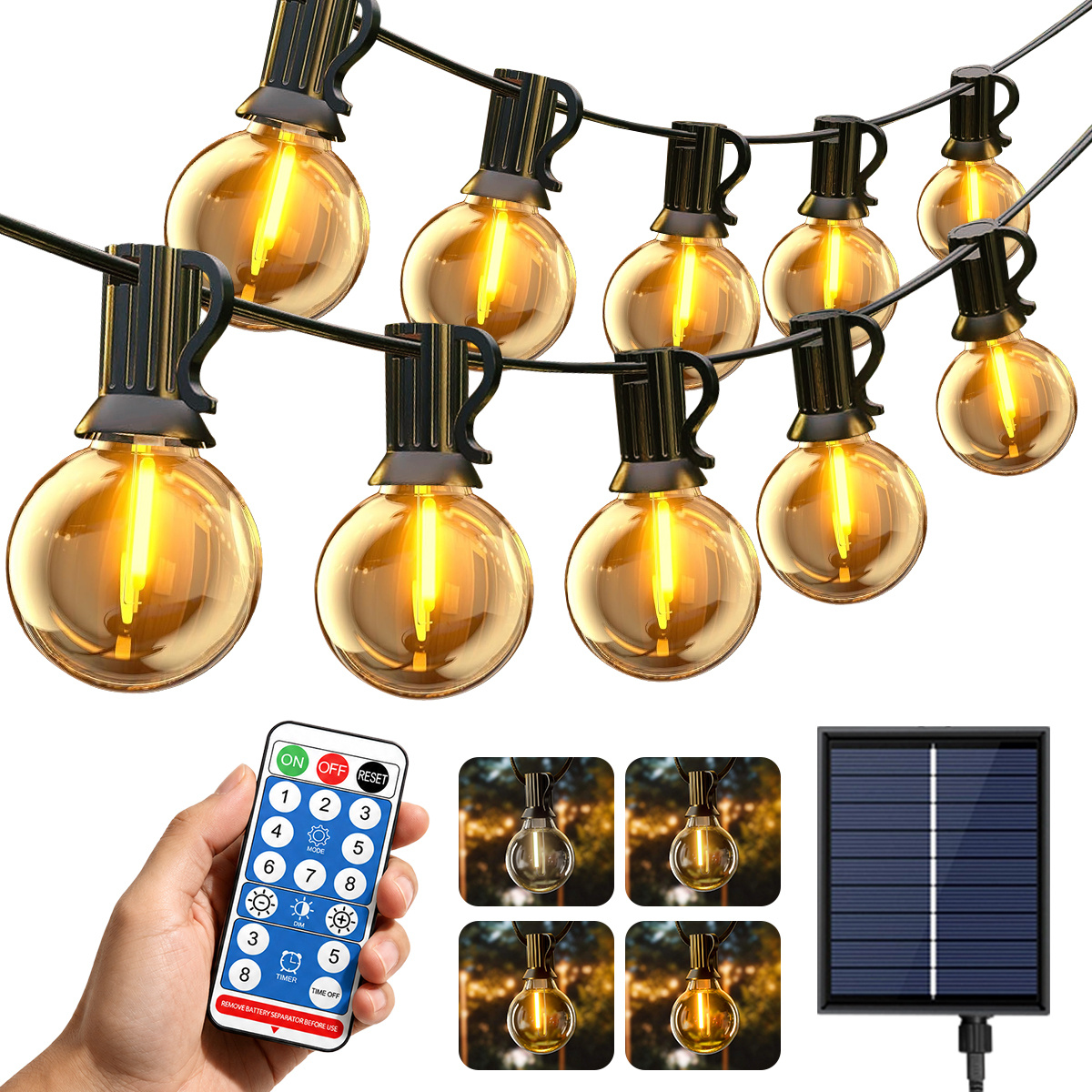 New G40 Solar String Lights 7m/10m/9.5m/15m/17.25m/18m G40 Led Outdoor Solar String Lights, 8 , Warm White Light, With Remote Control, For Gazebo, Party, And Holiday Decorations