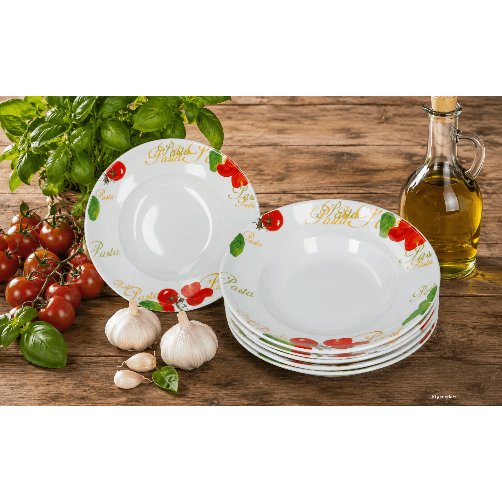 Image of 6-piece Set Tomate Tomato & Lettering Decor Pasta Plates, Deep Porcelain Plates For Pasta, Salad, Soups, Antipasti, Lunch & Italian Table Setting