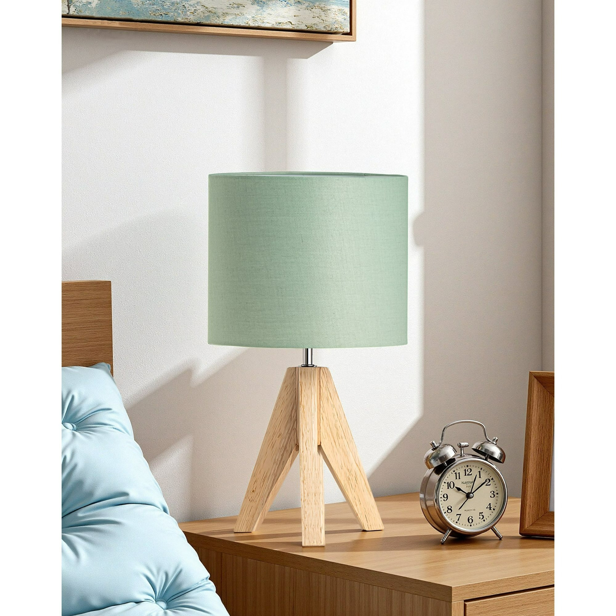 Image of Table Lamp With Wooden Stand & Green Linen Shade, E27 Socket For Warm White Led Light – Decoration For Living Room & Bedroom