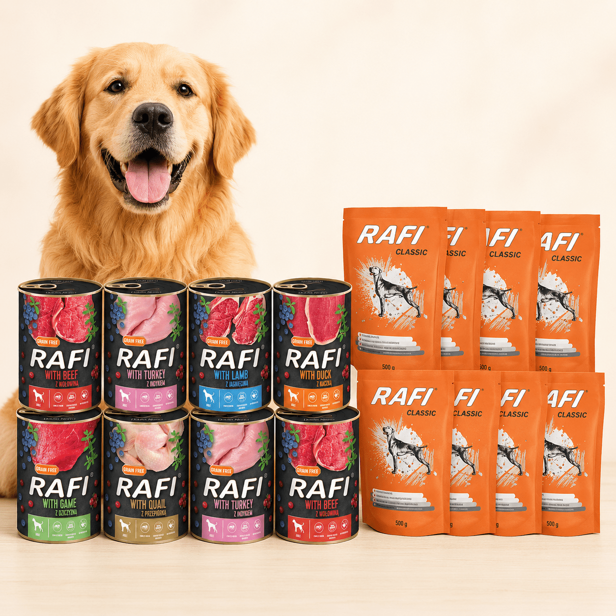 Wet Food For Rafi Dog Noteci Valley Set 8x400g + 8x500g Rafi Classic Set Cans+pouches Mix Of Flavors