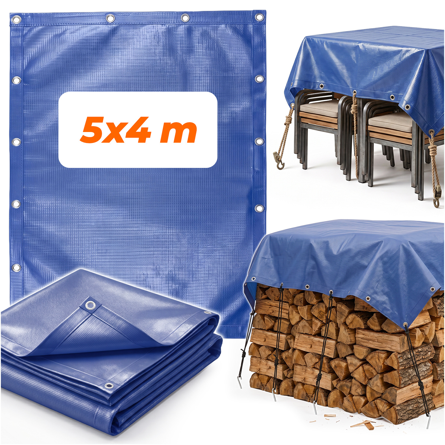 TEMU Waterproof Tarp 4 Ã 5 M, Heavy-duty Cover Sheet With Metal Mounting Grommets, Blue Pe Material Tarp For Protecting Garden Furniture, Wood,