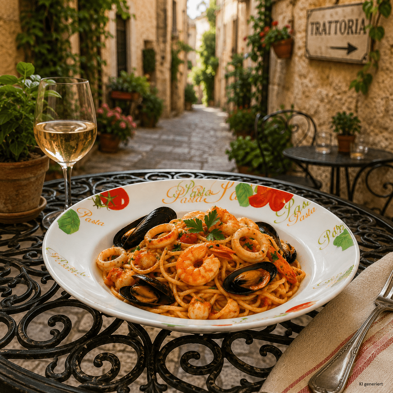 Image of Pasta Plate Tomate Tomato & Lettering Decor, Deep Porcelain Plate For Pasta, Salad, Soups, Antipasti, Lunch & Italian Table Setting