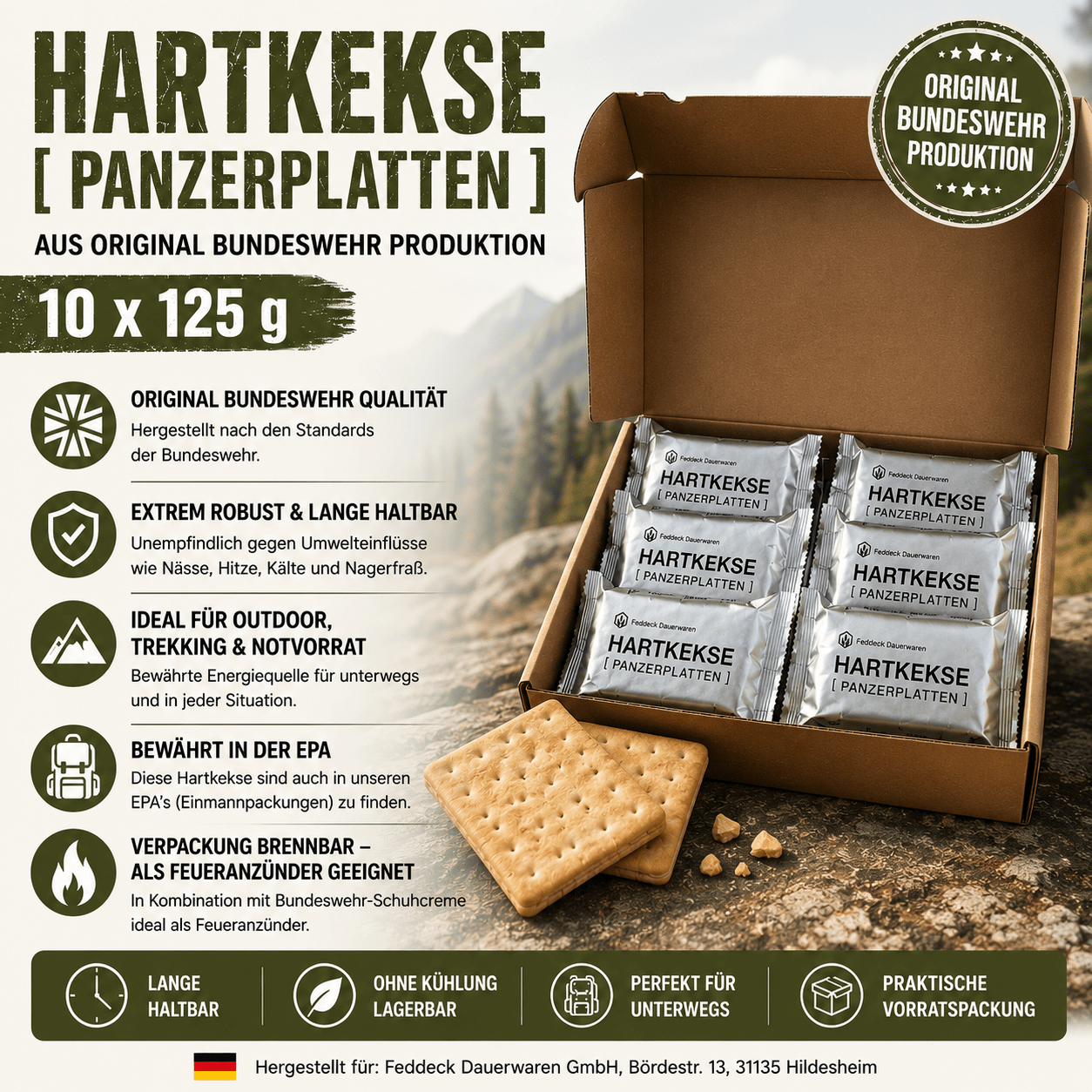 Image of 10 X 125g Federal Defense Hard Biscuits (tank Plates) – Original Federal Defense Production – Individually Packed – Extremely Long-lasting – Outdoor, Trekking & Emergency Ration