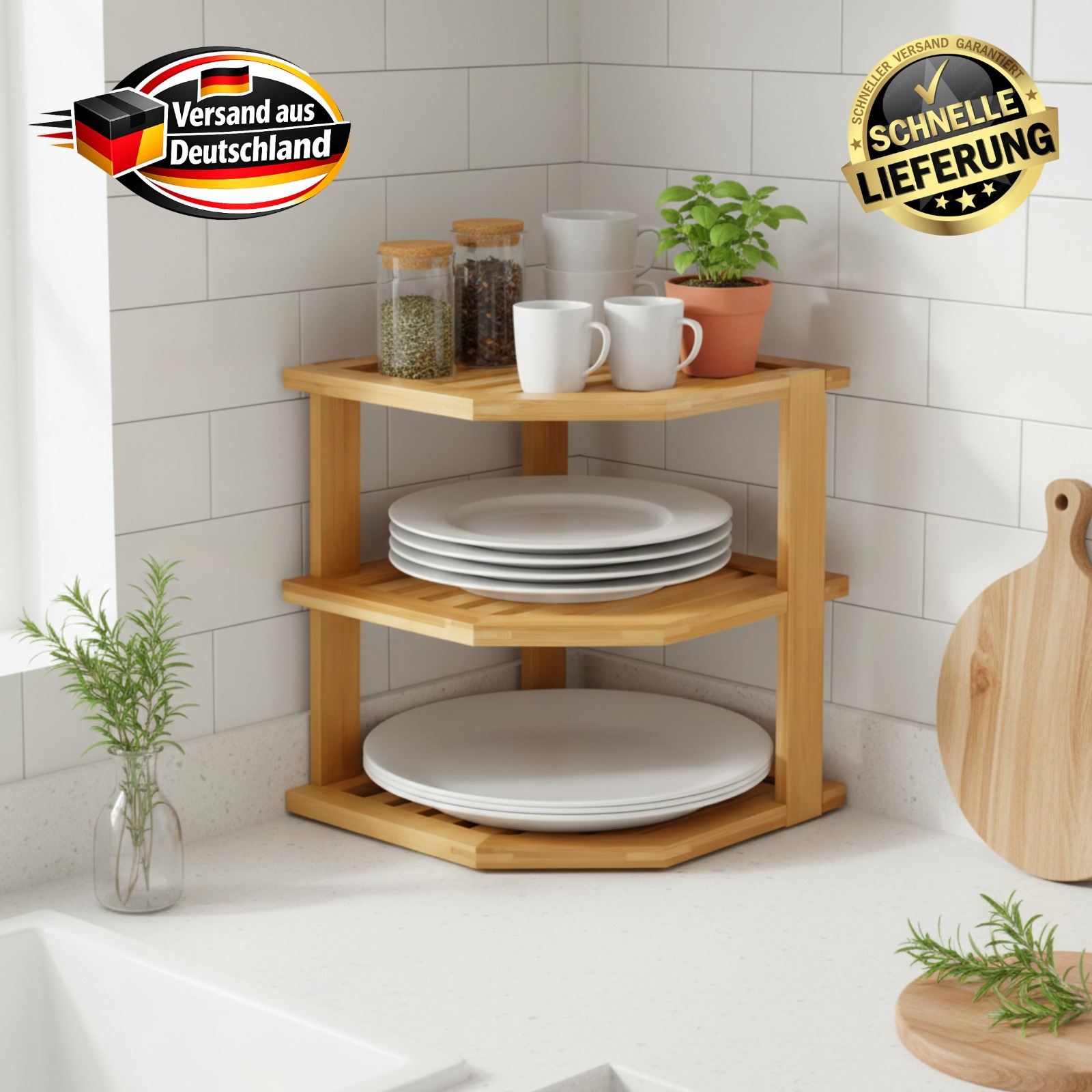 Corner Cabinet Organizer Countertop Kitchen Corner Rack, Plate Organizer For Cabinet Space Saver, Dishes, Bread Pantry, Bathroom Storage Racks Or Countertop Racks, Bamboo 3 Tier, Natural Colour Lager