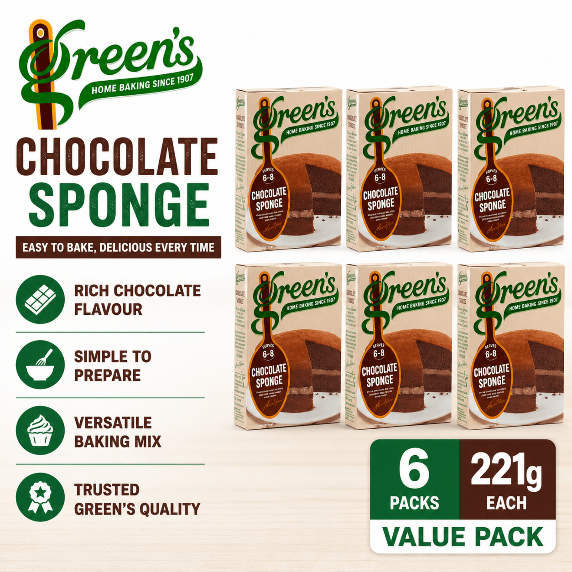 Green's Chocolate Sponge Cake Mix 6 X 221g Packs – Easy Baking Mix For Light & Airy Cakes Or Cupcakes, Serves 6–8