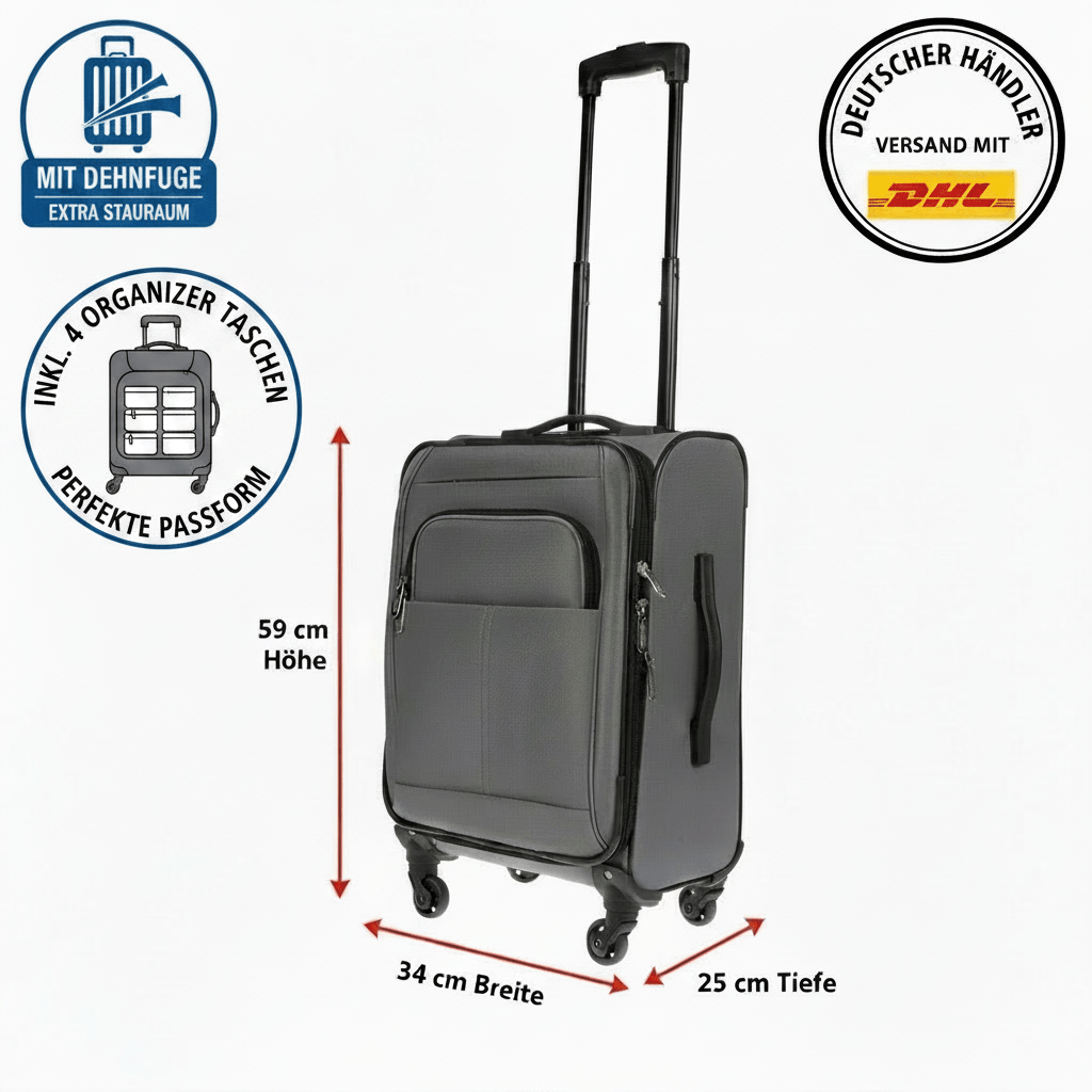 Image of Christian Wippermann M Fabric Suitcase 4-wheel Carry-on Luggage Cabin Luggage Fabric Size 34x59x25 Cm | 2.8kg Lightweight | For With Expansion Seam