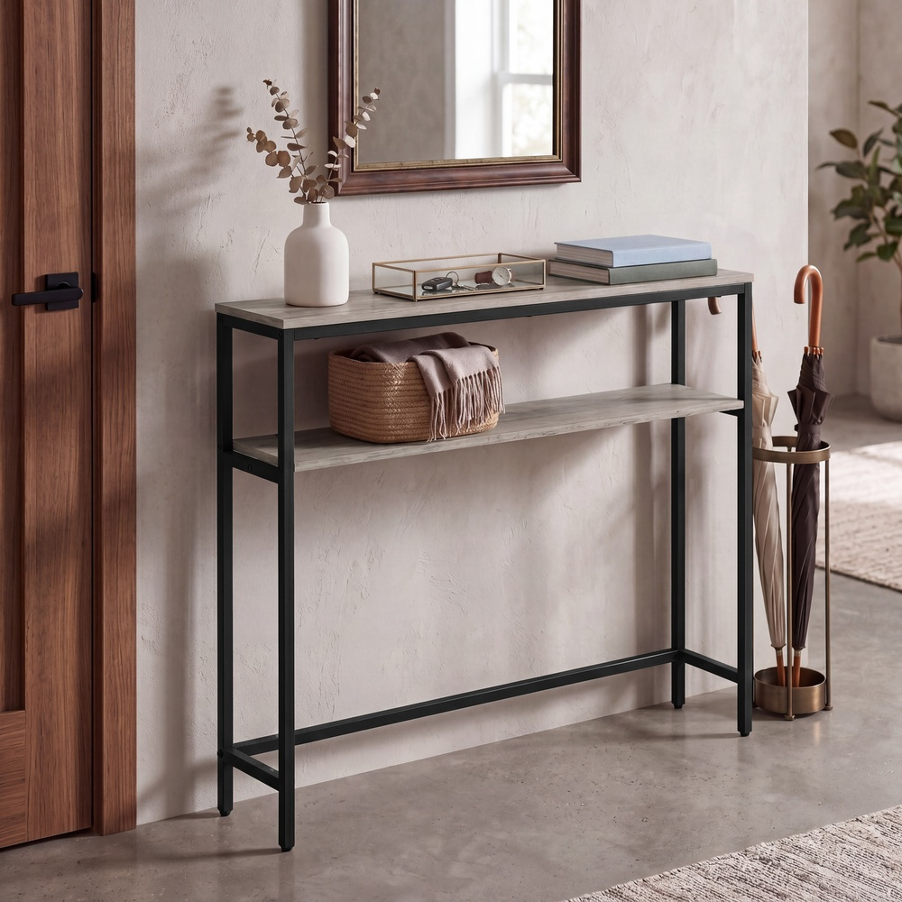 TEMU Console Entrance With 2 Shelves, Space-saving Mobile Behind Sofa, 100 X 20 X 81 Cm, Ivory And Black