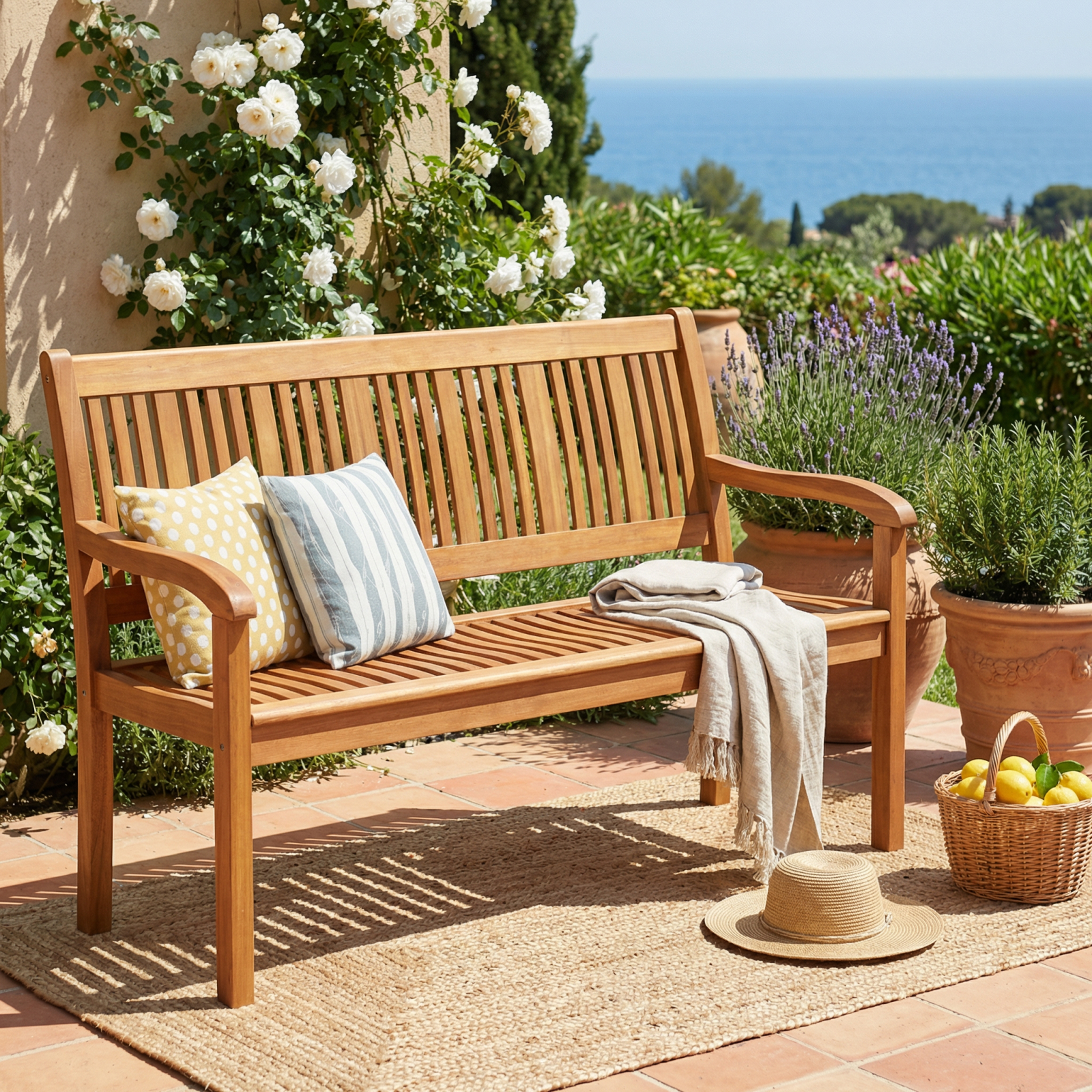 Image of Wooden Garden Bench, Sturdy Two-person Garden Bench With A Curved Backrest And Wide Armrests, Large Bench For Patio, Porch, Poolside, Or Balcony, 126 X 91 Cm