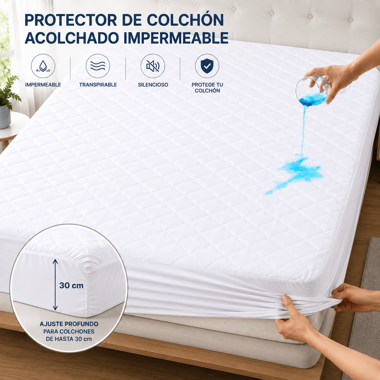 TEMU Protector de Colchón Impermeable Acolchado – Ajustable con Bolsillo Elástico – Cubrecolchón Transpirable, y Silencioso para una Protección