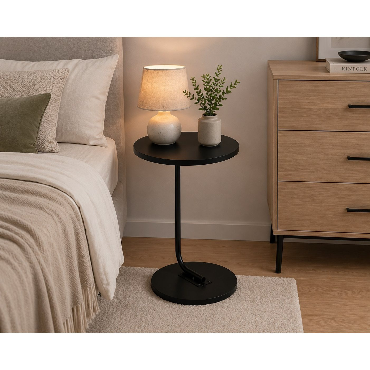 Sonia Round Side Table In Black Metal And Mdf, 34x34x46 Cm | Modern Accent Table For Living Room, Bedroom, Sofa, And Office