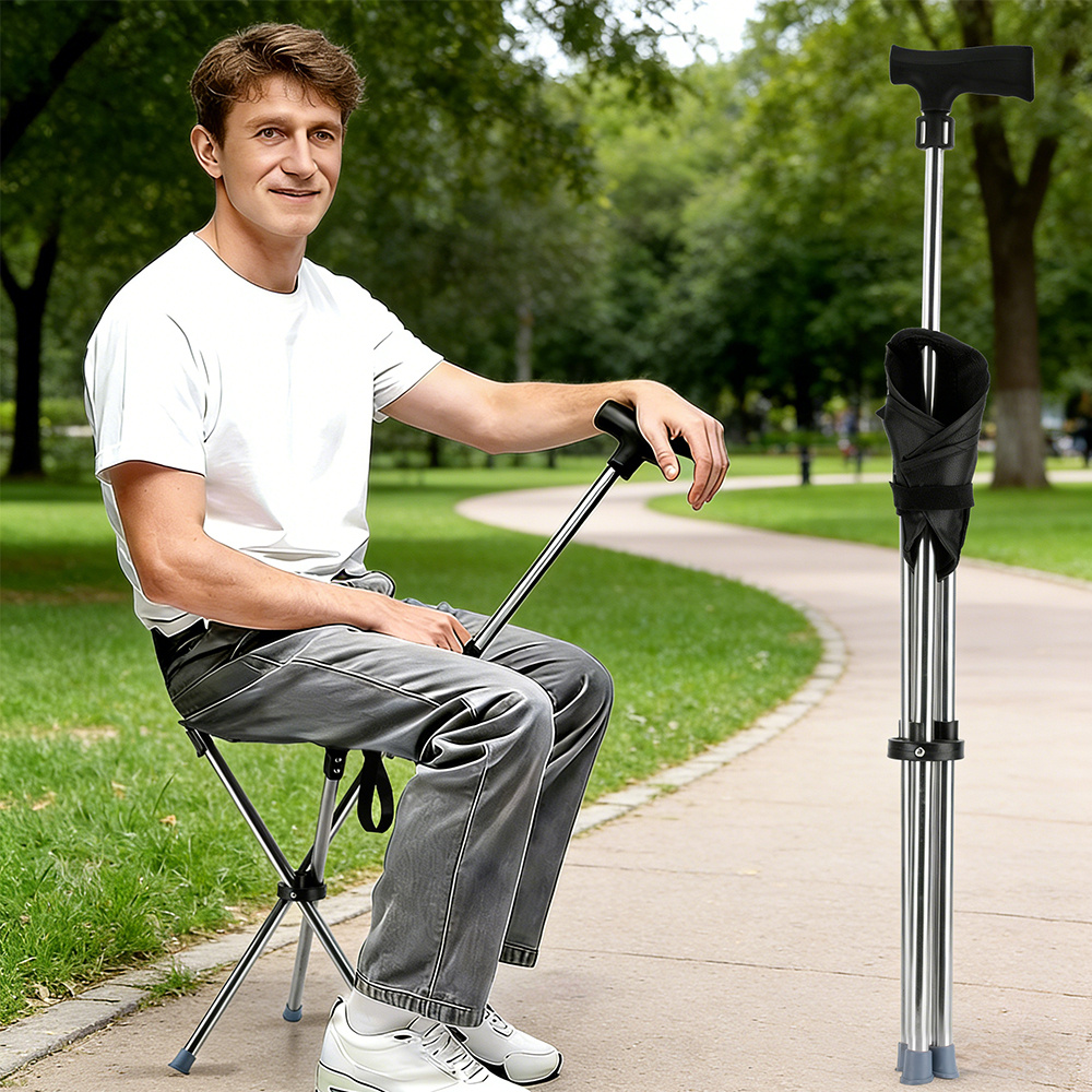 2PCS Collapsible Cane & Stool, Portable Travel Cane for Hiking