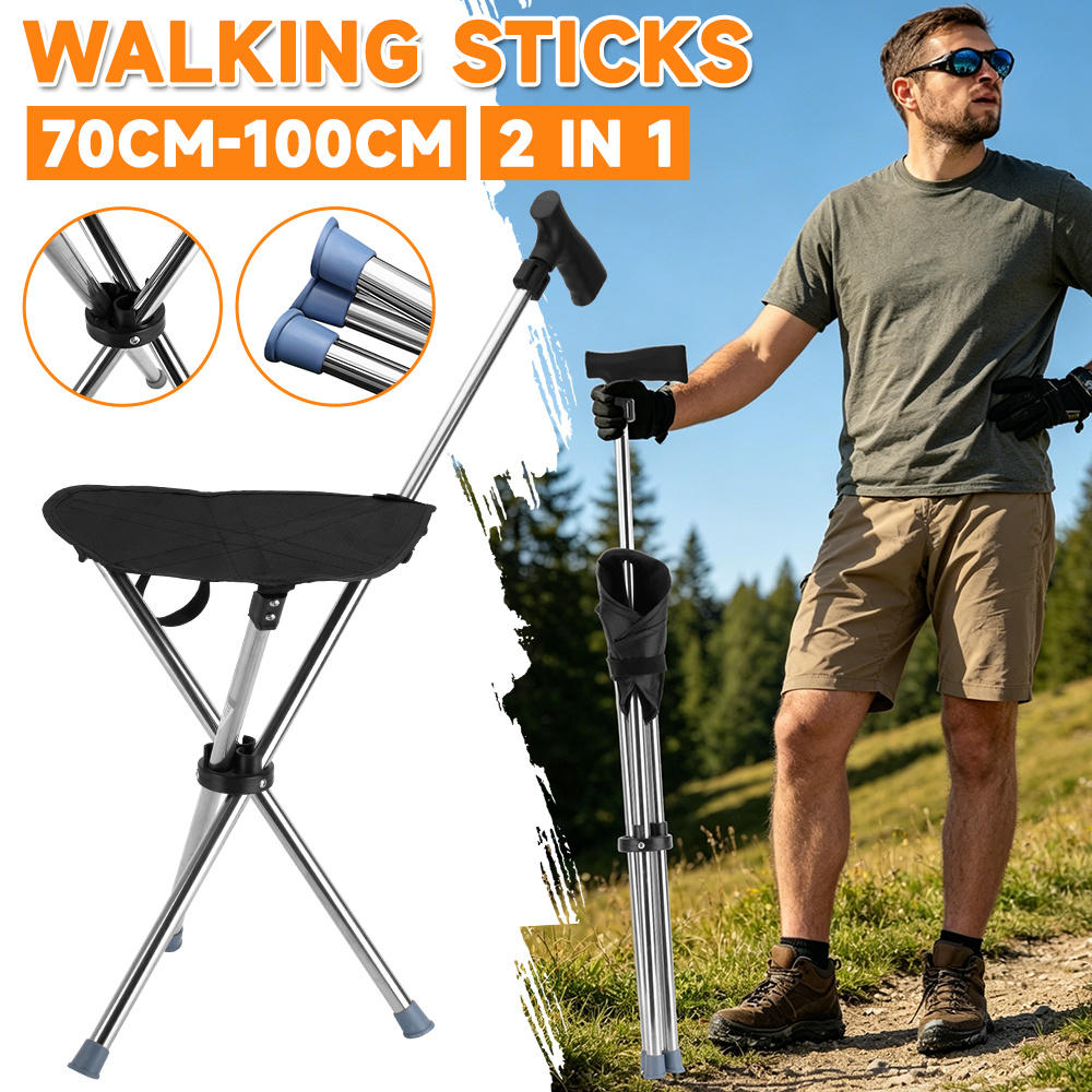 2PCS Collapsible Cane & Stool, Portable Travel Cane for Hiking