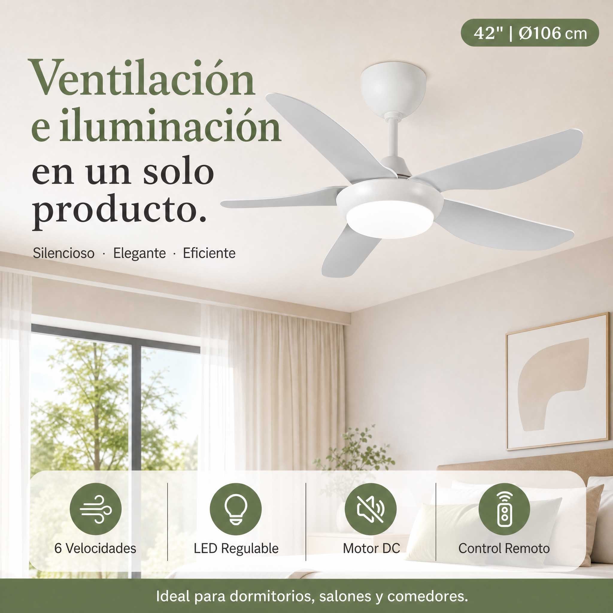 TEMU WOOX Ventilador de techo LED silencioso de 42 pulgadas con mando a distancia, motor de consumo, luz regulable, 6 velocidades, función memoria y