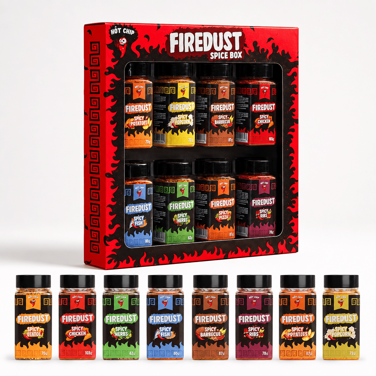 Hot-chip Firedust Spice Mix Gift Set - 8 Varieties For Bbq, Pizza, Popcorn, Meat And Fish - 660 G