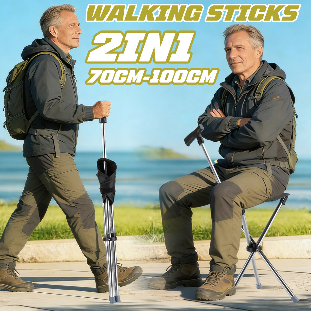 2PCS Collapsible Cane & Stool, Portable Travel Cane for Hiking