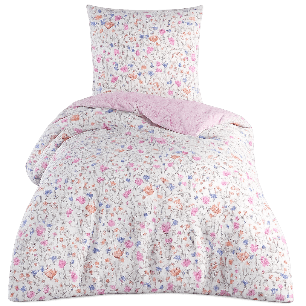 Image of Wildflowers Bedding In Pink, Blue And Apricot | 65% 35% Polyester | Reversible Bedding With Zipper | To Care For