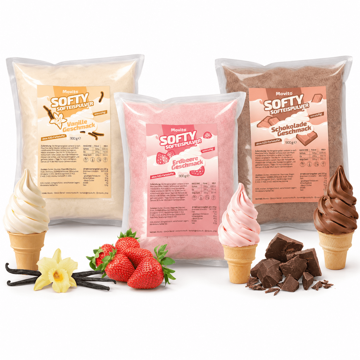 Movito Soft Serve Ice Cream Powder 3-pack Party Set – Vanilla, Strawberry & Chocolate – 2.7 Kg For Up To 12 Liters Of Soft Serve Ice Cream
