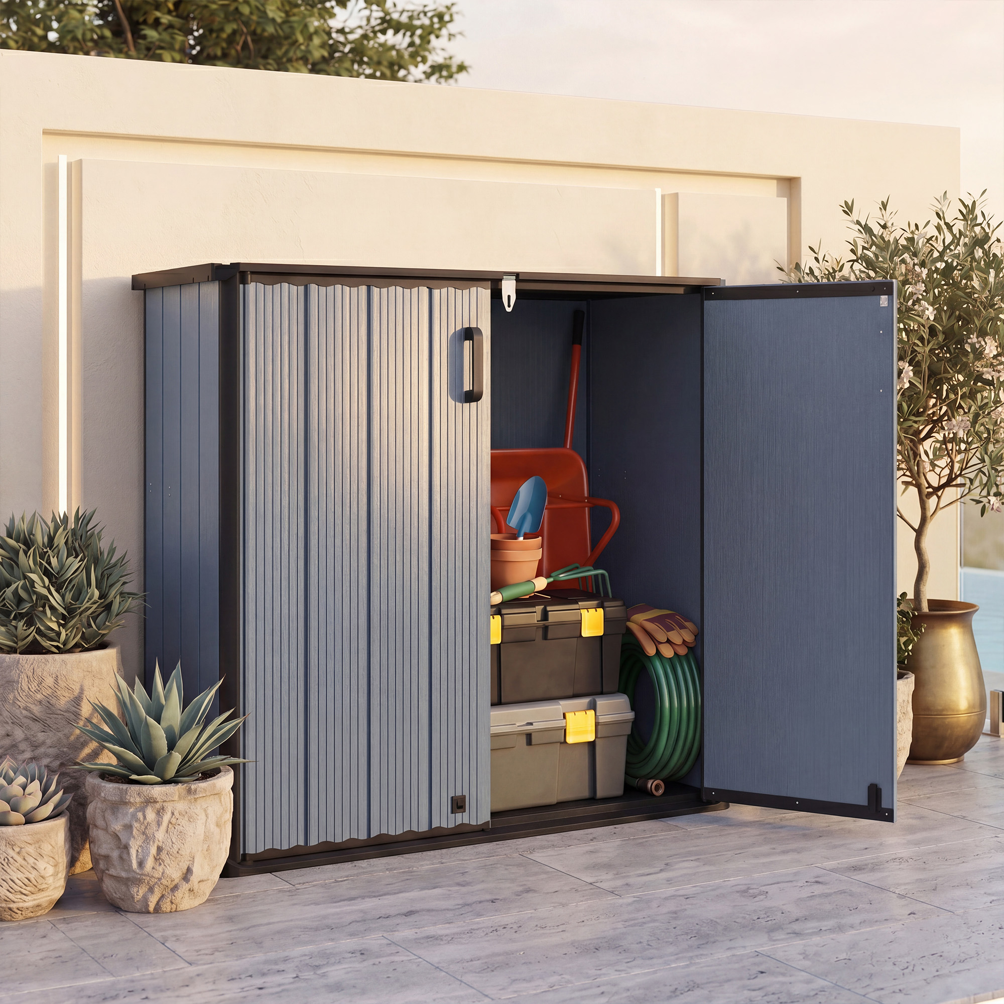 Image of Outdoor Storage Shed, 23.5 Cu.ft Storage Box With Floor, Lockable Door And Grooved Roof, Waterproof Horizontal Garden Shed, Tool Shed For Backyard, Patio, Poolside And Lawn