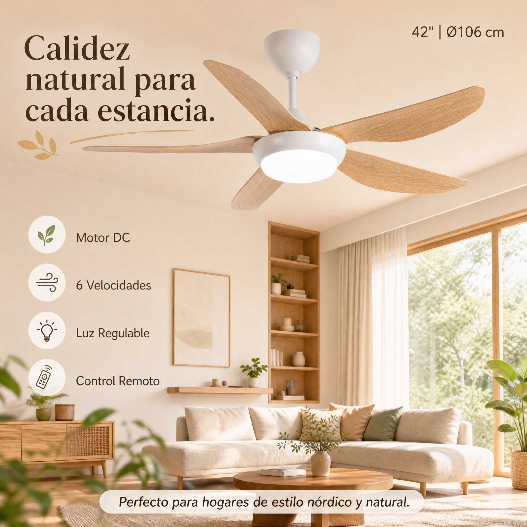 TEMU WOOX Ventilador de techo LED silencioso de 42 pulgadas con mando a distancia, motor de consumo, luz regulable, 6 velocidades, función memoria y