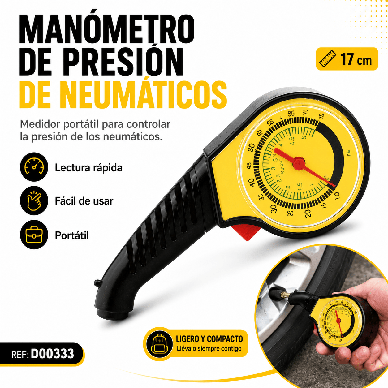 TEMU Manómetro Analógico Portátil para Neumáticos, Medidor de Presión de 10–75 PSI con , Diseño Ergonómico de 17 cm para Coche, Moto, Bicicleta y